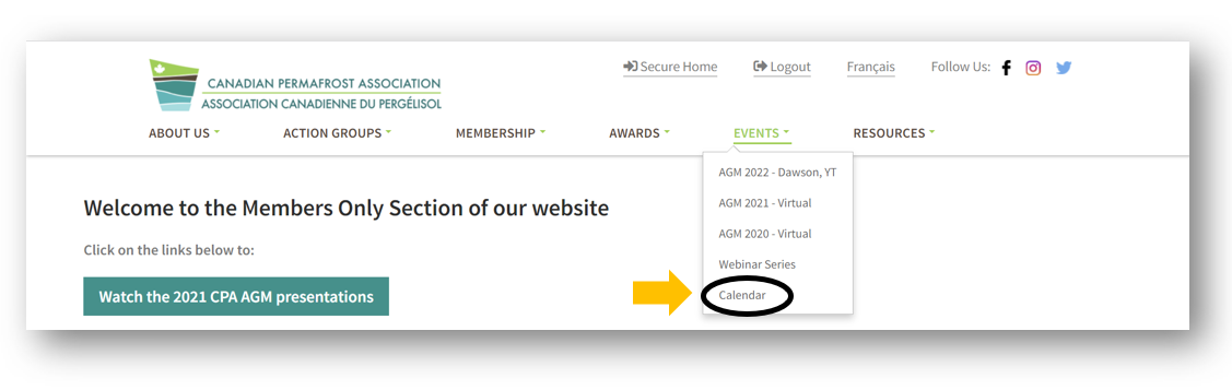 Screenshot of website directing you to the calendar